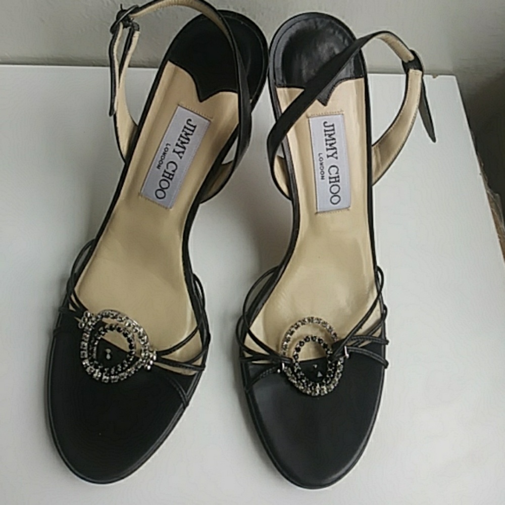 JIMMY CHOO BEJEWELED BLK SANDALS, 3,5 SZ 7,5
